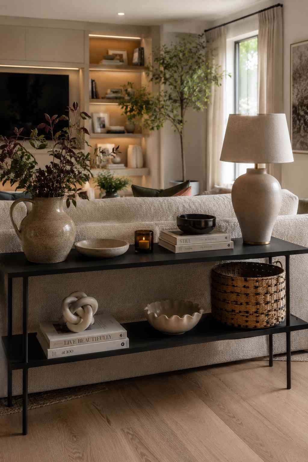 Slim matte black console table styled behind a cream sofa in a modern minimalist living room.