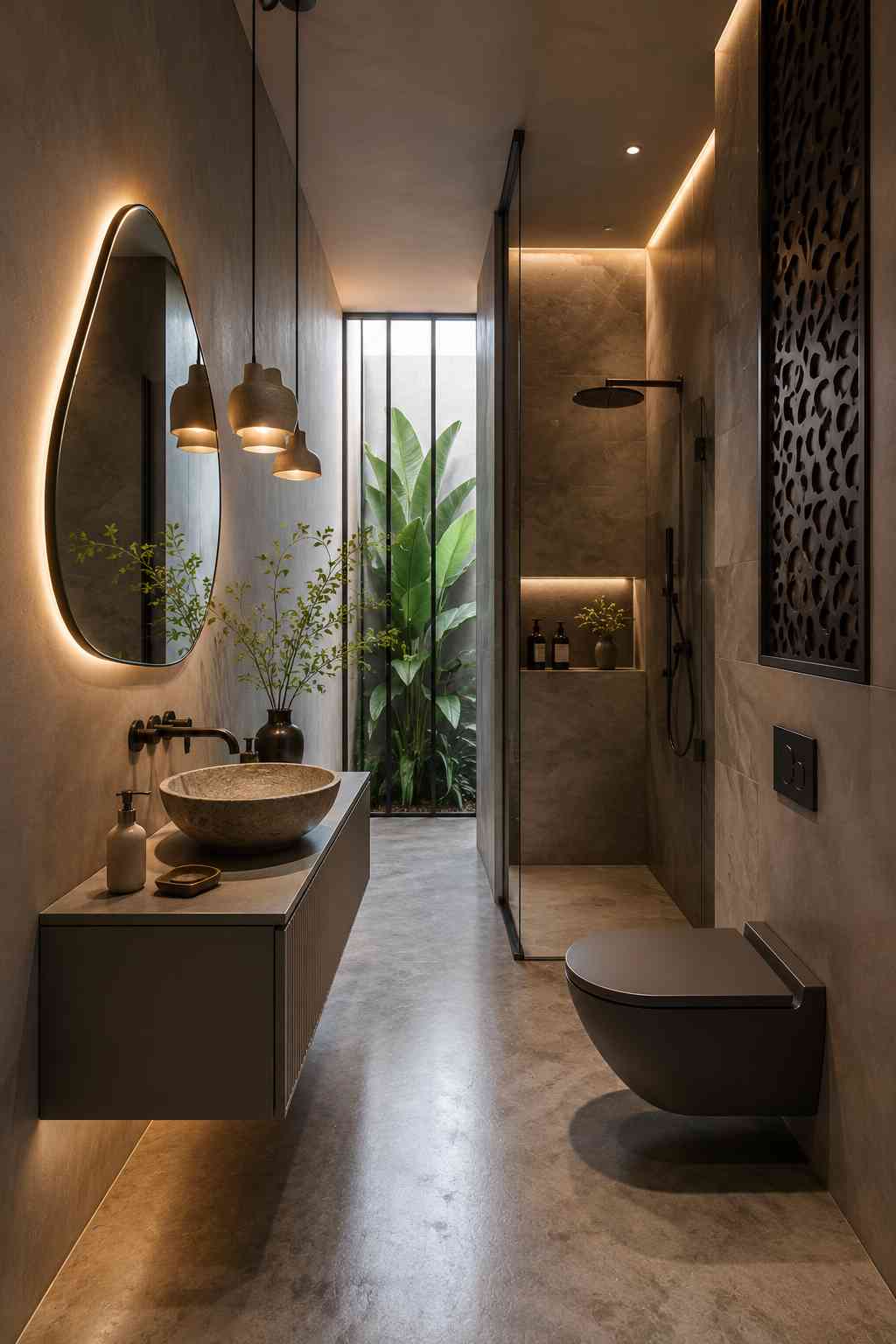 Modern narrow bathroom with a floating vanity, natural stone vessel sink, organic LED backlit mirror, walk-in glass shower, wall-mounted toilet, warm pendant lighting, and floor-to-ceiling window overlooking tropical plants.