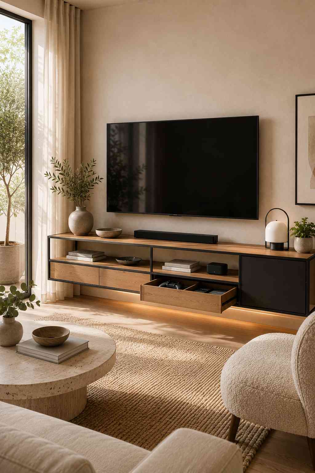 A modern Scandinavian living room featuring a wall-mounted TV above a slim steel-frame media console with warm oak shelves, a black cabinet, and low-profile drawers. The lightweight design offers organized storage for media devices, books, and accessories while maintaining an open, airy feel that complements neutral interiors.