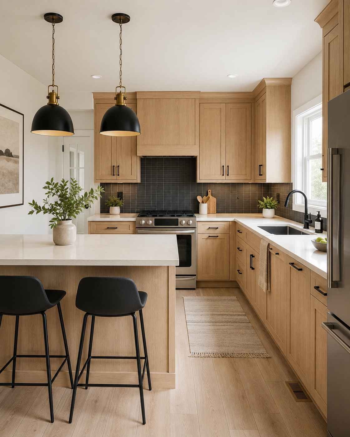 Small modern kitchen featuring light oak cabinets, off-white quartz countertops, a charcoal tile backsplash, matte black hardware, black pendant lights, and abundant natural light for a bright, spacious feel.