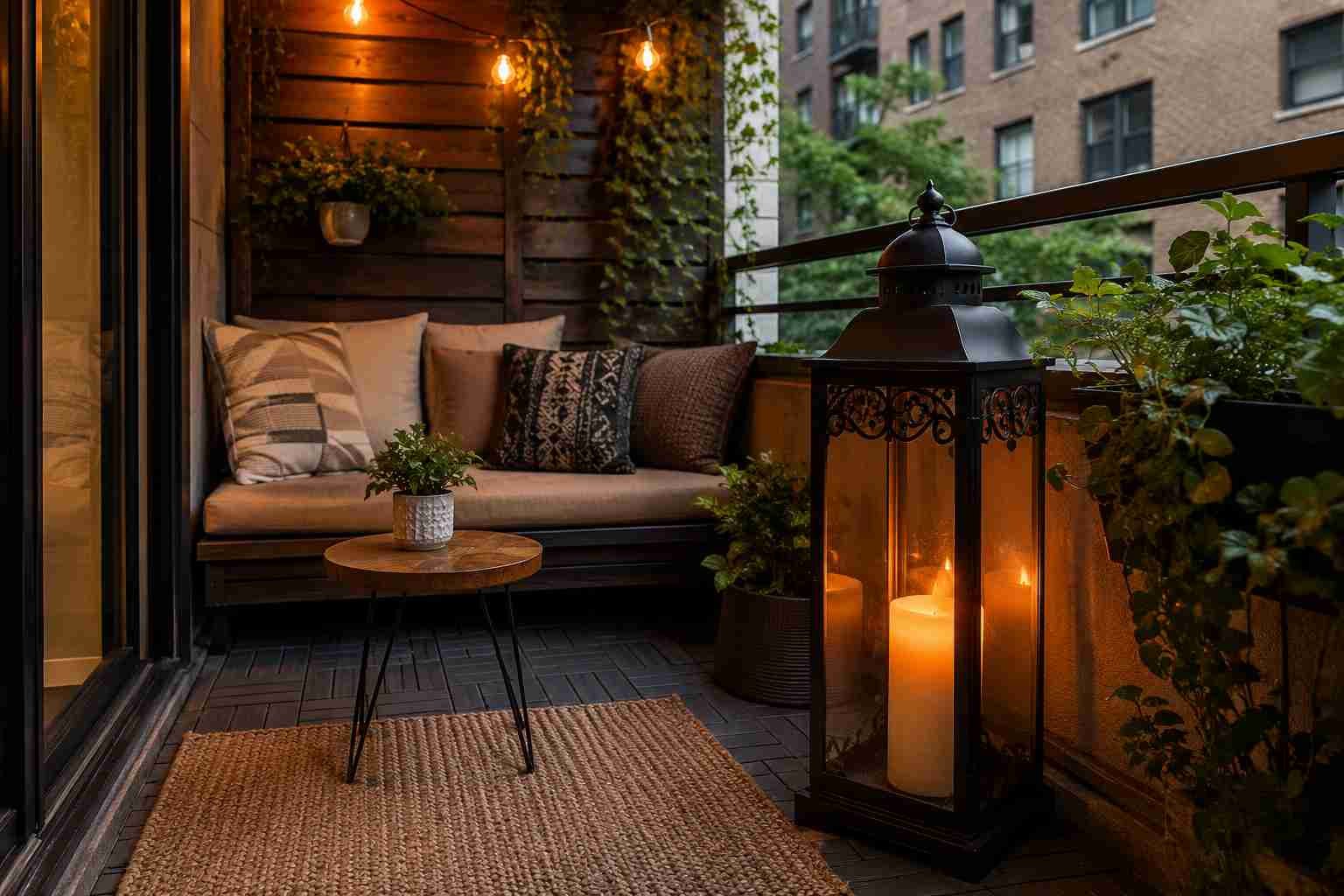 Cozy small apartment balcony at night with a built-in bench, warm string lights, large candle lantern, potted plants, and modern outdoor patio decor for a relaxing evening retreat