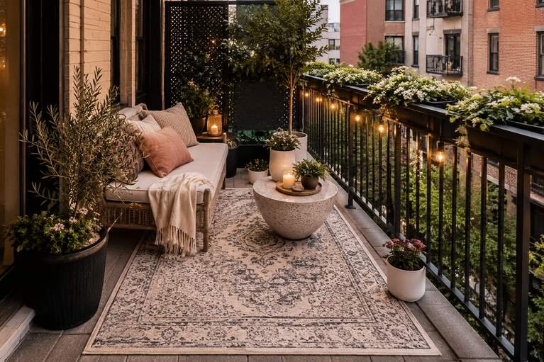 Small apartment balcony with a cozy outdoor sofa, patterned rug, string lights, flower-filled railing planters, potted olive tree, and modern patio decor for a relaxing evening outdoor living space