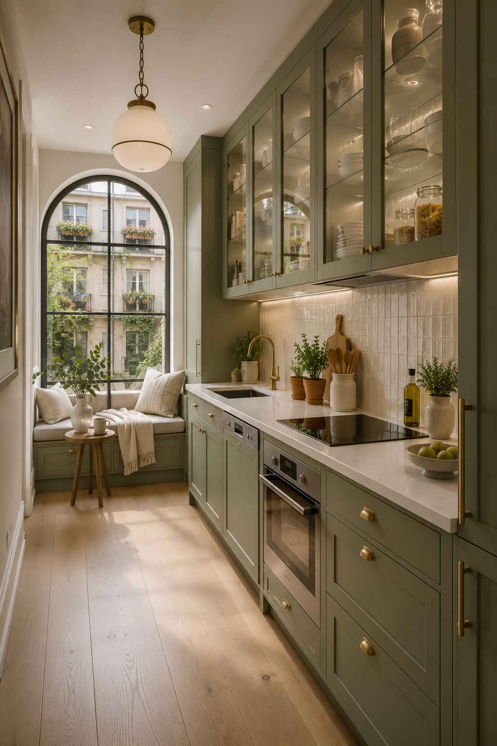 Compact galley kitchen featuring sage green cabinets with glass-front upper doors, warm white quartz countertops, a glossy ivory tile backsplash, brushed brass hardware, light oak flooring, and a cozy built-in window seat beside a large arched window that fills the space with natural light.