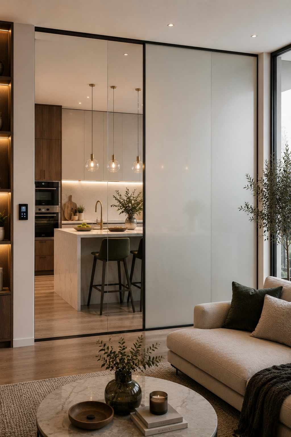 A luxury open-plan home featuring a floor-to-ceiling smart switchable privacy glass partition between the kitchen and living room. One section of the glass is crystal clear while the other is frosted white, demonstrating the instant privacy feature that combines modern technology with elegant interior design.