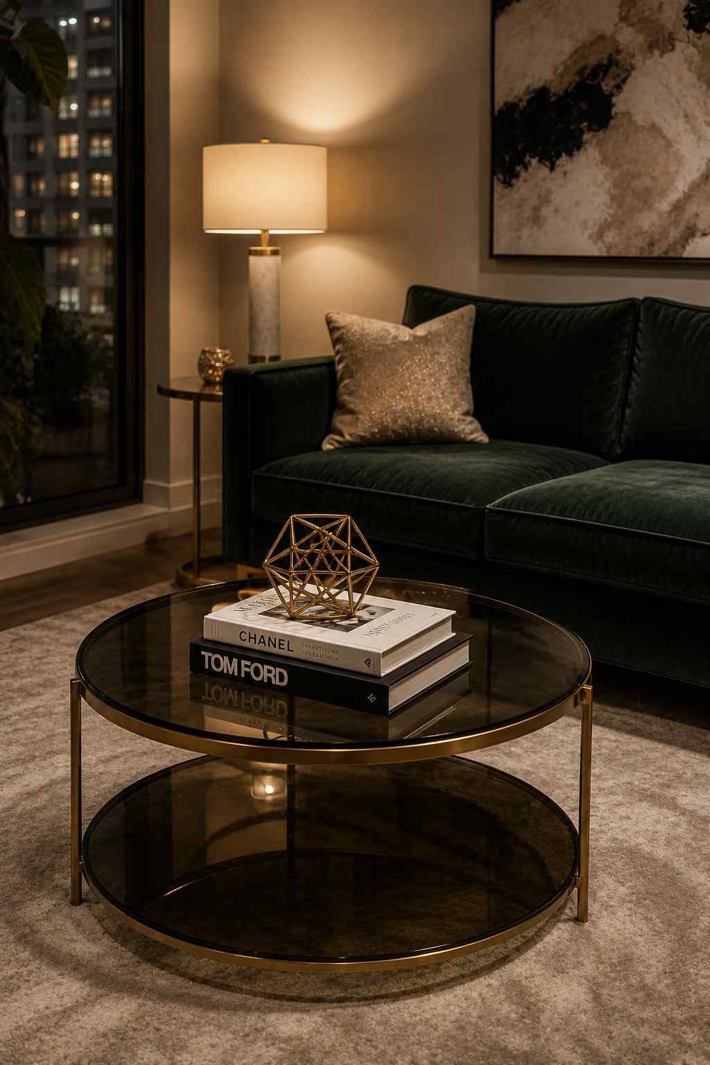 Smoked glass and brass coffee table in a glam contemporary living room