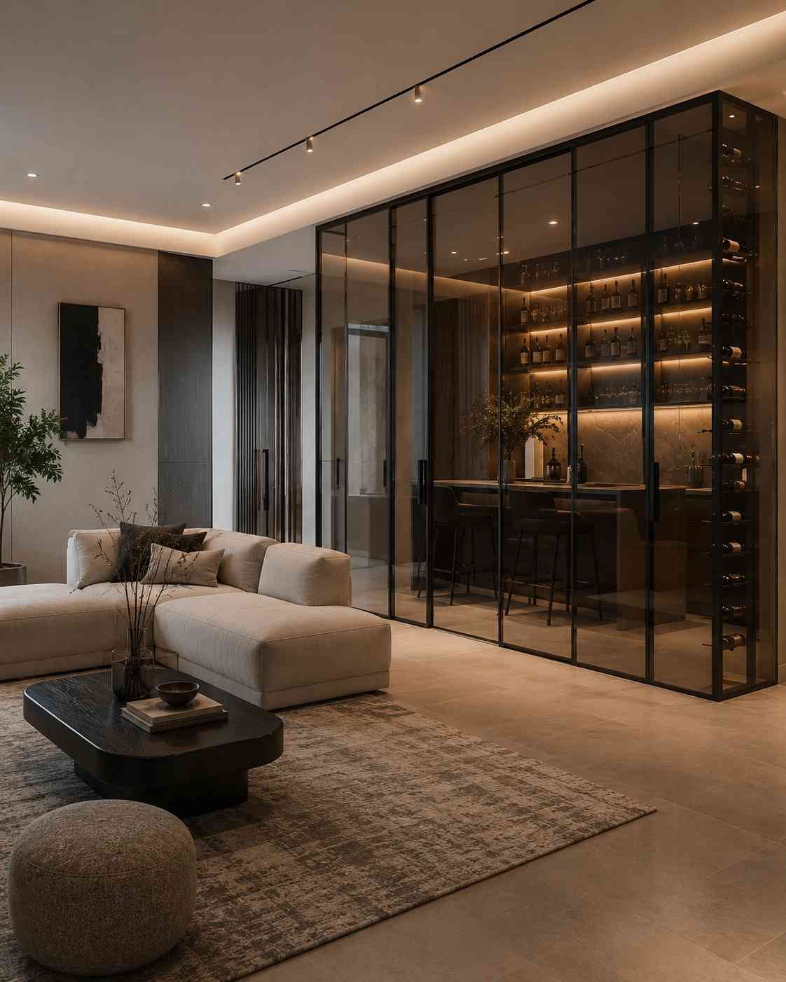 Black framed glass wine room partition beside a modern living room with warm ambient lighting.