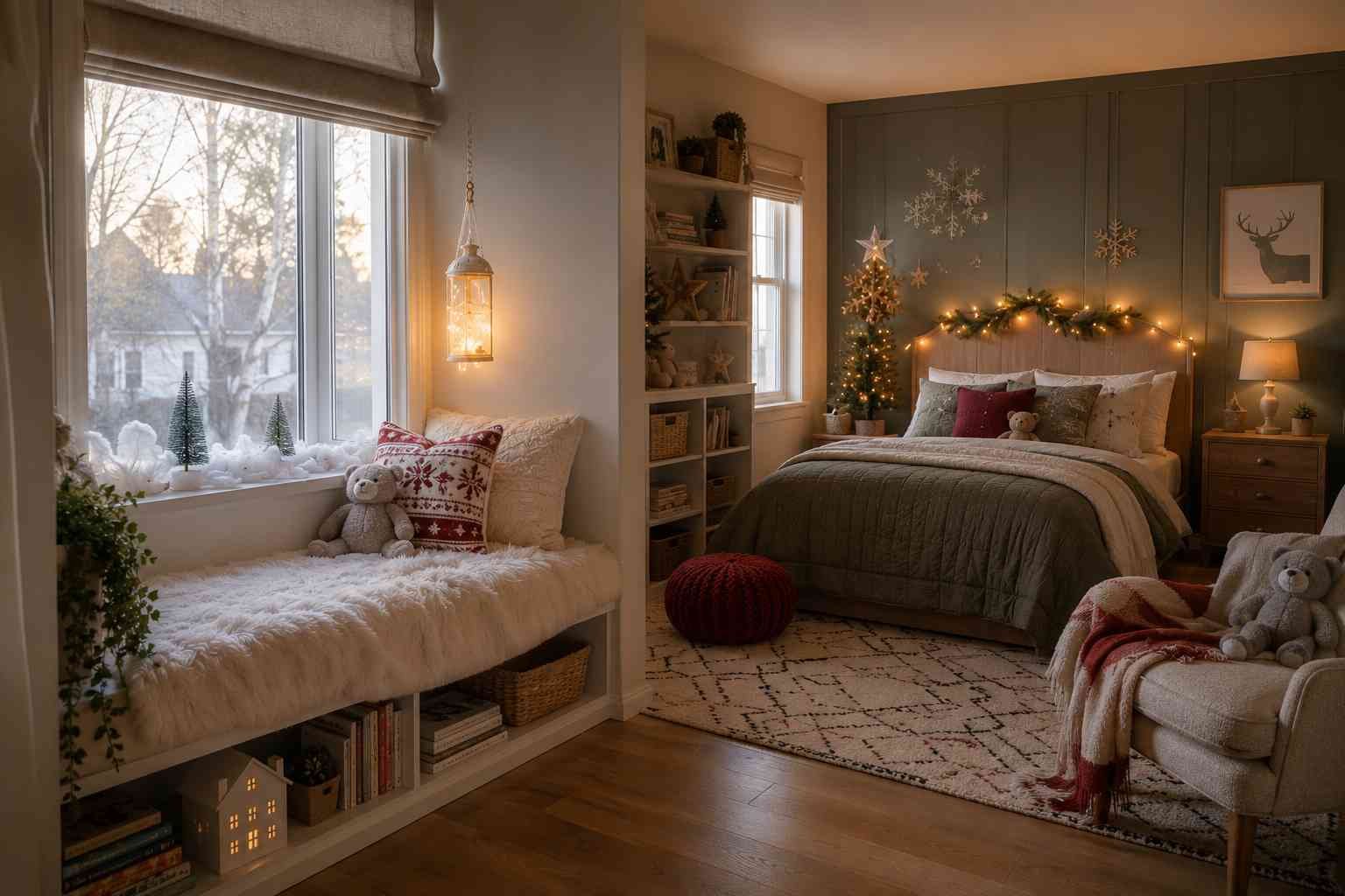 Cozy Christmas bedroom with a window reading nook, festive garlands, decorated Christmas tree, warm lighting, plush textiles, and holiday-inspired decor.