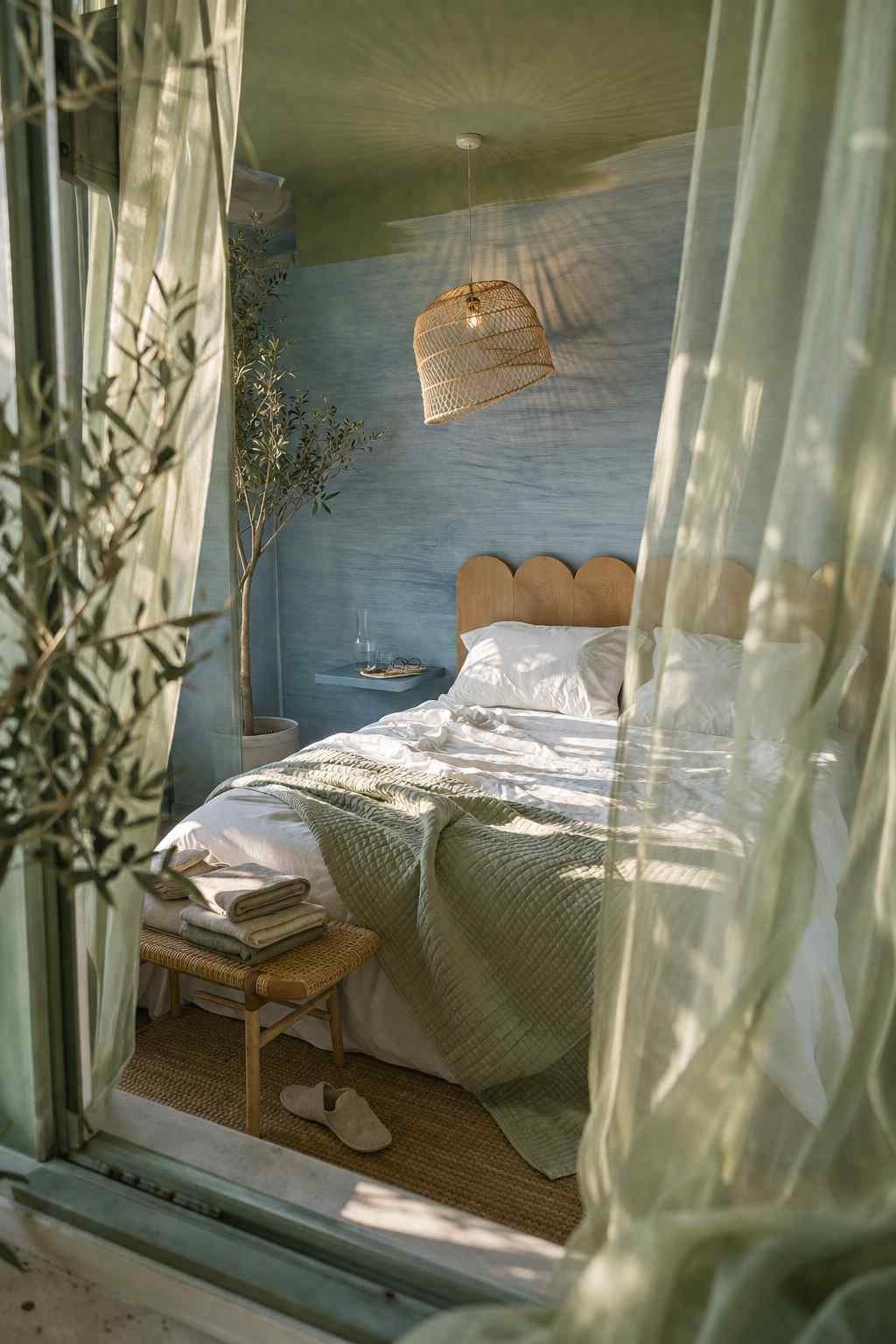 A bright and airy bedroom viewed through flowing sheer curtains, featuring crisp white bedding, a soft sage-green quilt, and a light wood headboard. Sunlight filters gently into the space, while a woven pendant light, indoor tree, and natural textures create a fresh, peaceful retreat. 