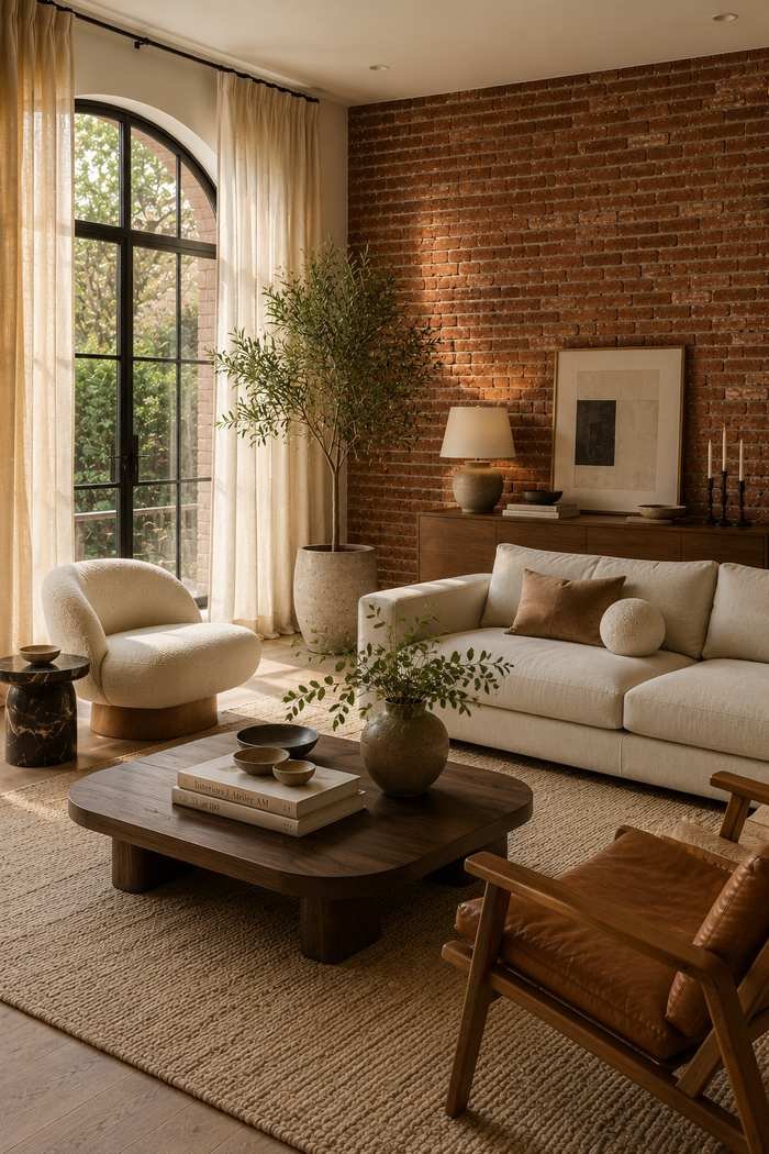 A cozy living room featuring soft oatmeal linen curtains, an exposed brick wall, cream sofa, walnut coffee table, leather accent chair, and warm natural sunlight creating a calm, elegant atmosphere.