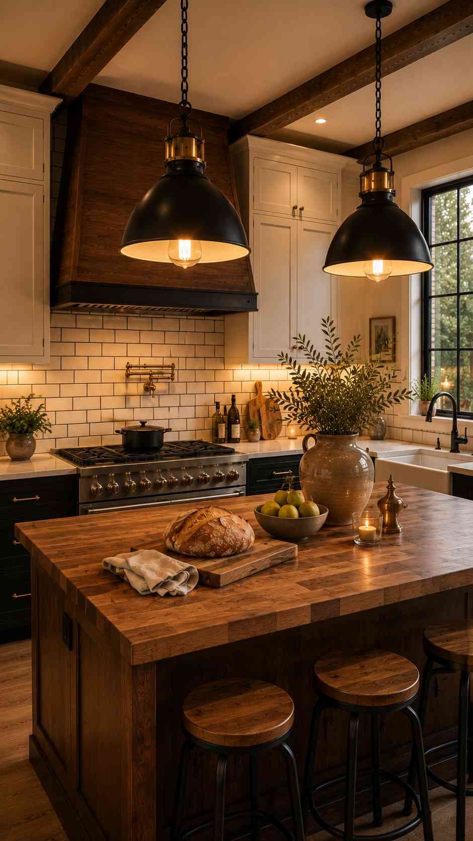 Luxury farmhouse kitchen showcasing warm ambient lighting from industrial black pendant fixtures, highlighting rich walnut wood, cream cabinetry, brass hardware, artisan tile, and a handcrafted island in a cozy evening setting.