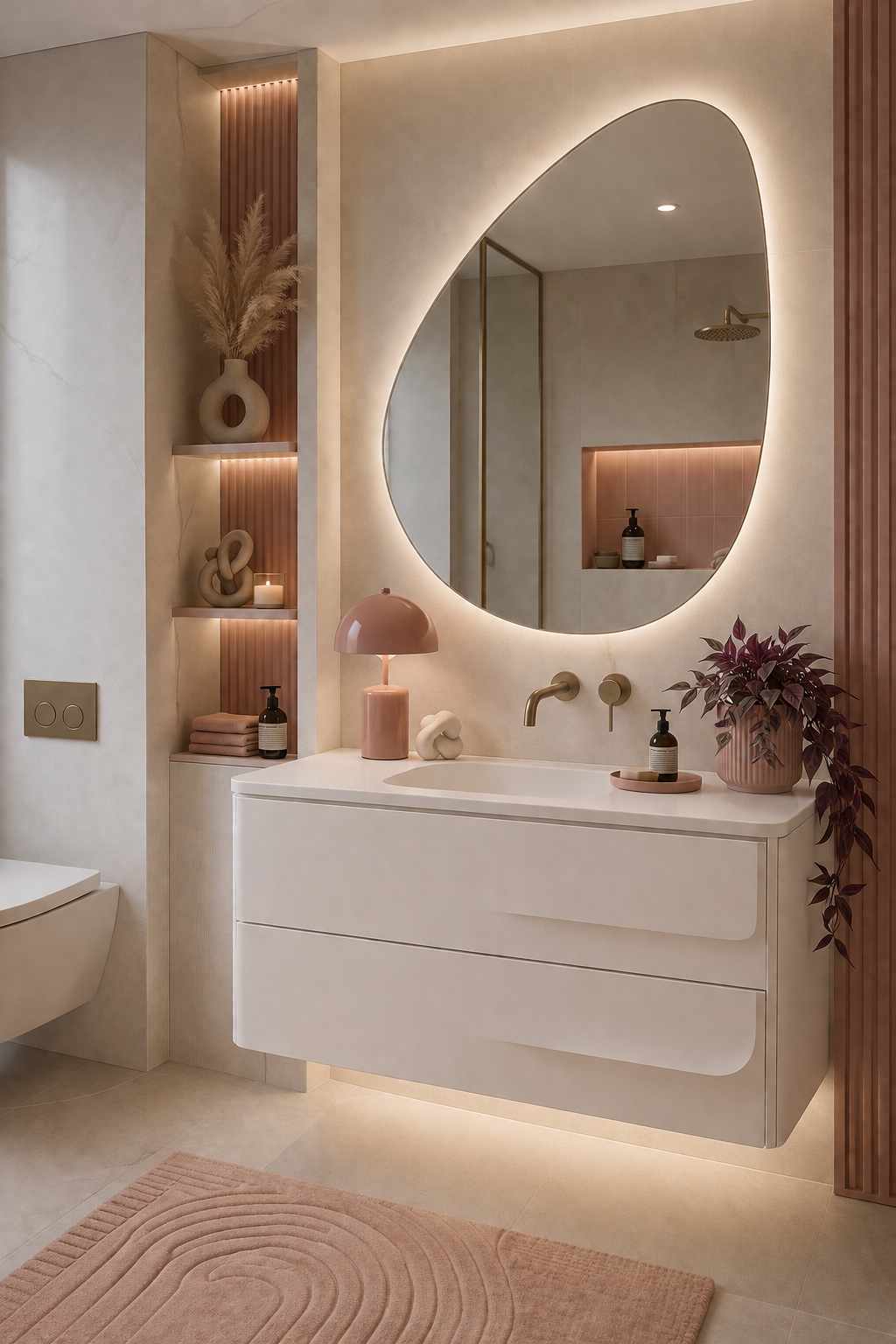 Modern white floating bathroom vanity with an asymmetrical LED backlit mirror, warm wood accent shelving, integrated sink, minimalist decor, and soft ambient lighting in a luxury small bathroom.