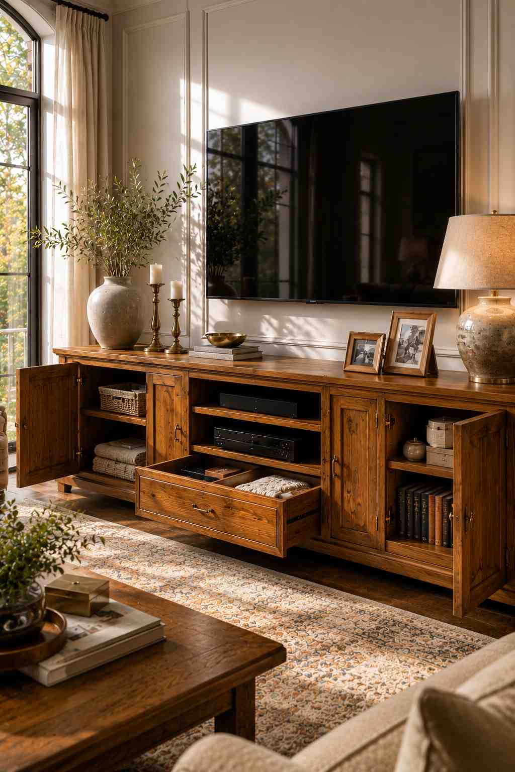 A bright, classic living room featuring a handcrafted solid teak TV unit with spacious drawers, cabinets, and open shelves. The organized storage displays books, baskets, folded linens, and media devices, while warm natural sunlight highlights the rich teak grain and timeless craftsmanship.