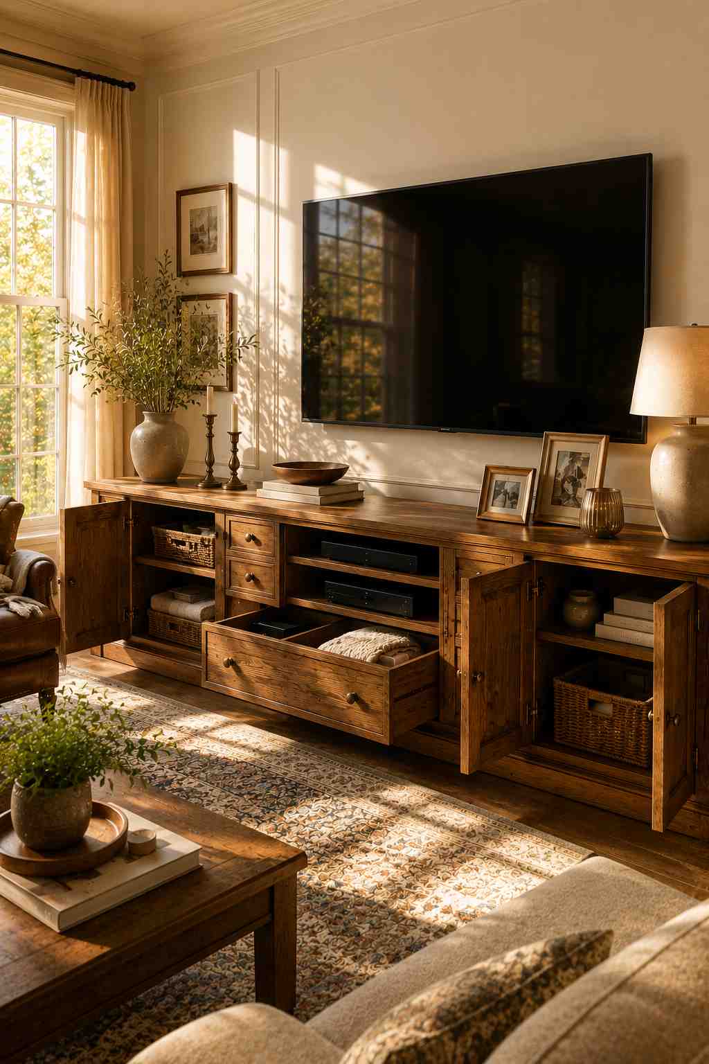 A bright, sunlit living room featuring a handcrafted solid wood TV unit with multiple drawers, cabinets, and open shelves. The storage is neatly organized with woven baskets, books, blankets, and media devices, while warm natural sunlight highlights the rich wood grain and classic transitional design.