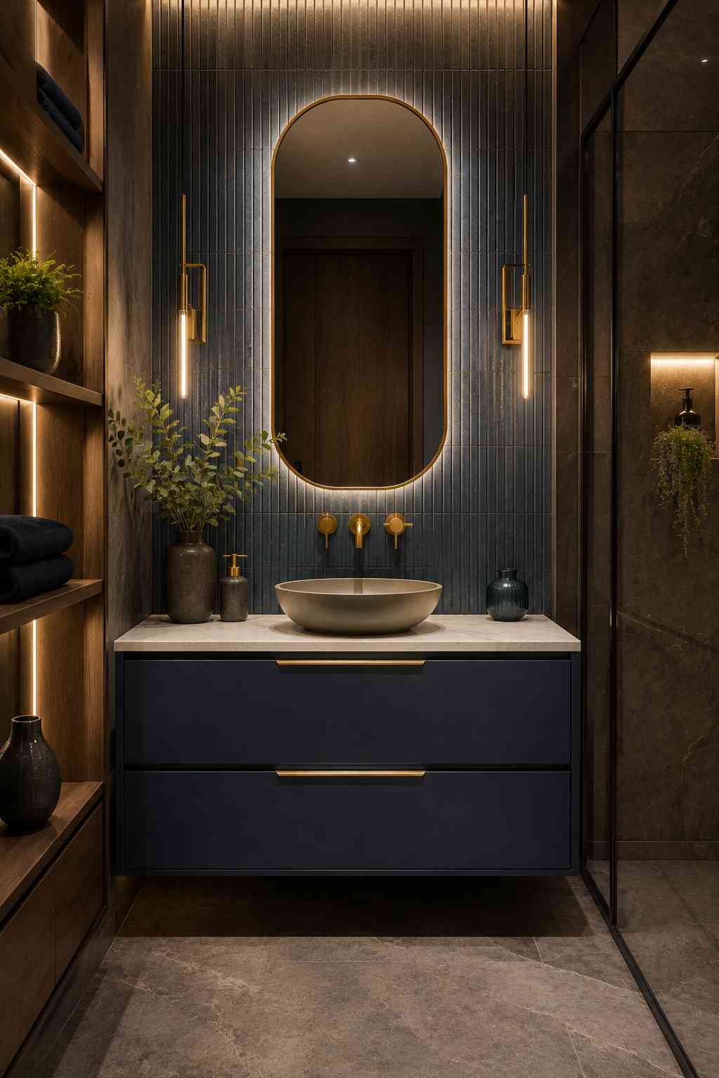 Luxury navy blue floating bathroom vanity with a stone vessel sink, LED backlit arched mirror, brushed brass wall-mounted faucet, vertical blue tile accent wall, and warm sconces in a modern contemporary bathroom.
