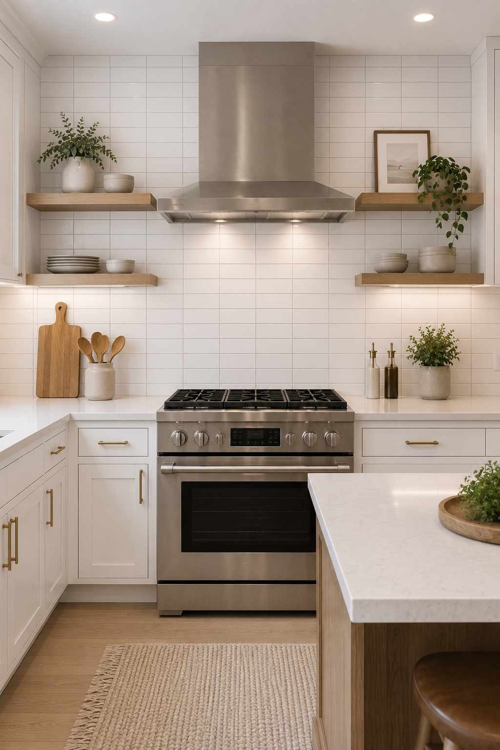 Modern white kitchen featuring a stacked horizontal white subway tile backsplash in a clean grid layout, paired with white shaker cabinets, white quartz countertops, floating wood shelves, brass hardware, and a stainless steel range for a sleek, minimalist look.