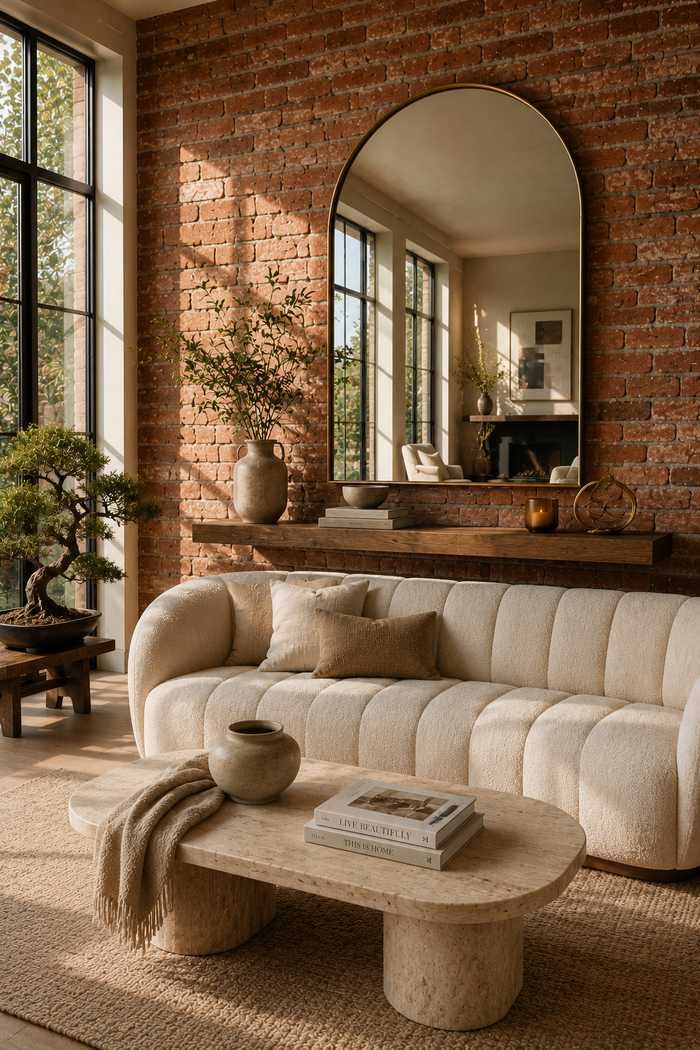 A warm and inviting living room featuring an oversized arched mirror on an exposed brick wall, a curved cream sofa, travertine coffee table, and soft natural light reflecting throughout the space.