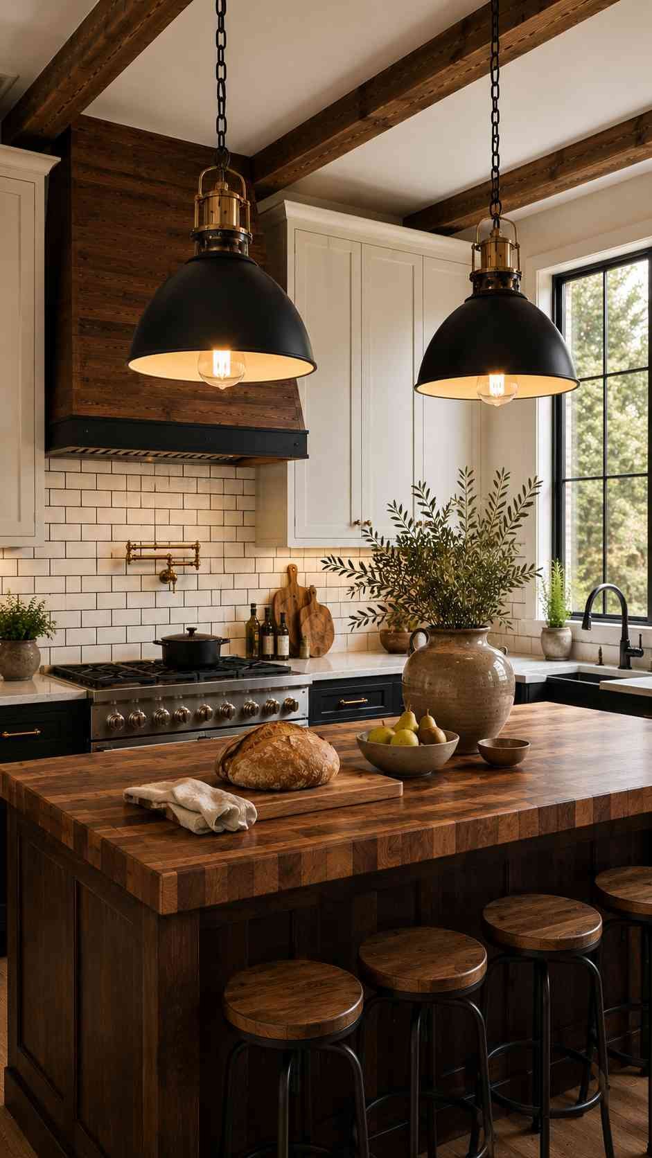 Elegant farmhouse kitchen centered around statement black metal pendant lights, a handcrafted butcher block island, white shaker cabinetry, black-framed windows, brass hardware, and rustic wood accents throughout.