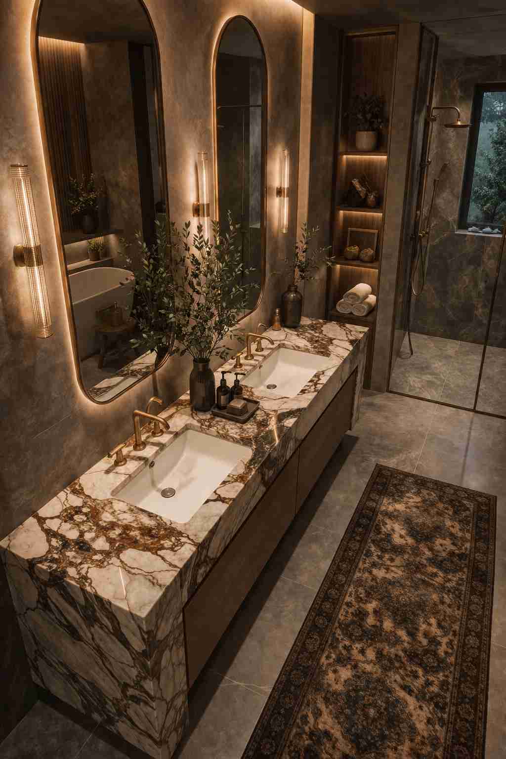 Luxury contemporary bathroom featuring a double vanity with a dramatic marble waterfall countertop and integrated sinks, large backlit arched mirrors, warm brass fixtures, illuminated shelving, a spacious glass walk-in shower, and a sophisticated neutral color palette with elegant ambient lighting.