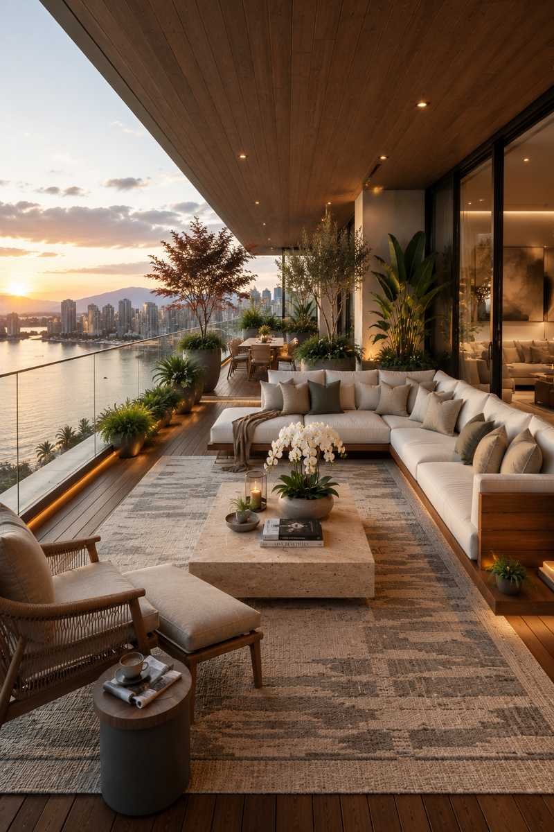 A luxurious modern balcony featuring a large neutral-toned outdoor rug with a subtle geometric pattern beneath a contemporary sectional sofa and travertine coffee table. The space includes warm teak wood decking, frameless glass railings, lush designer planters, a woven lounge chair, and panoramic waterfront city views illuminated by golden-hour sunlight.