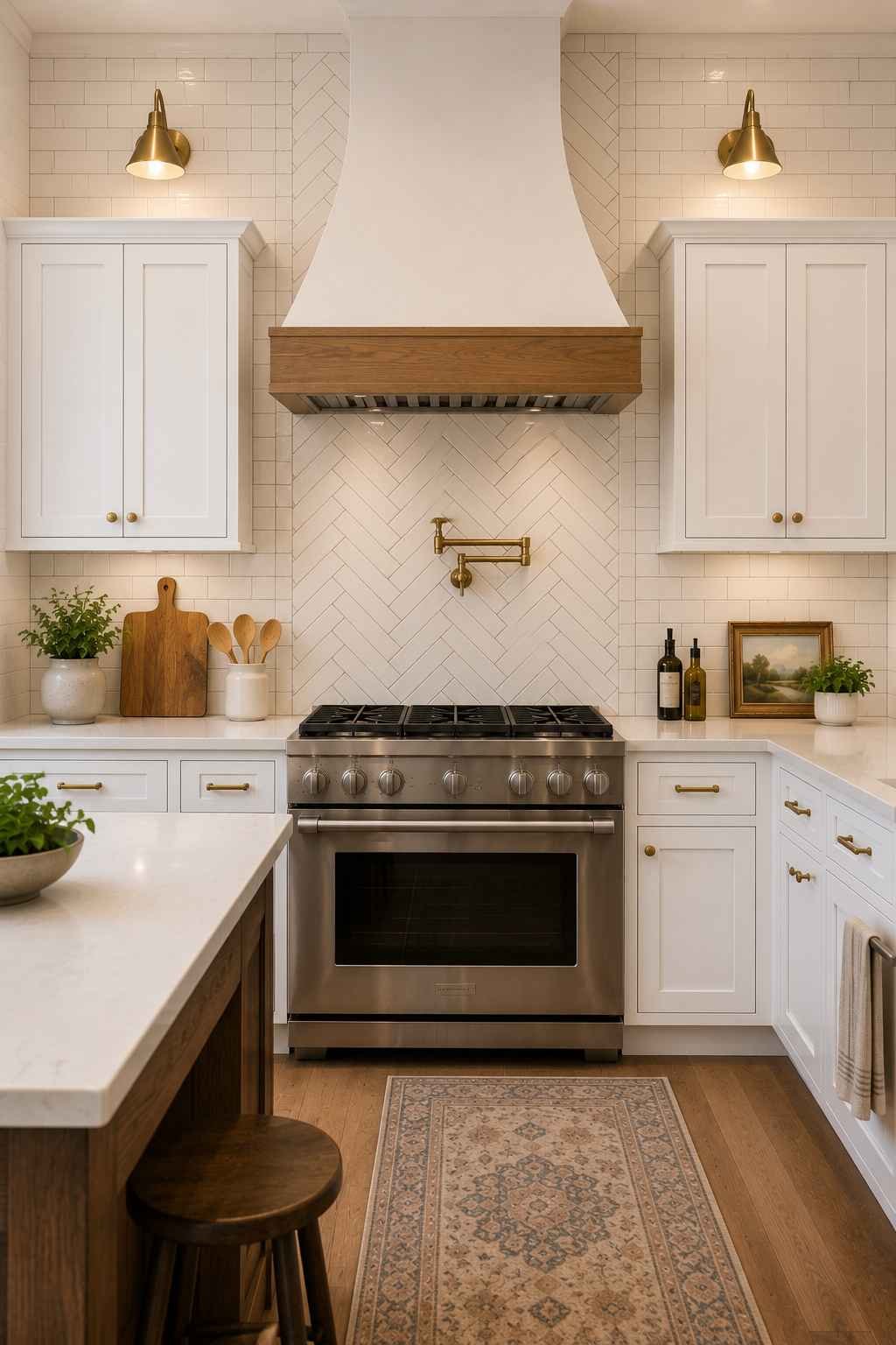 Elegant white kitchen featuring a custom statement range hood framed by a white herringbone subway tile feature wall, surrounded by classic white subway tile, white shaker cabinets, white quartz countertops, brass hardware, and a stainless steel range for a timeless focal point.