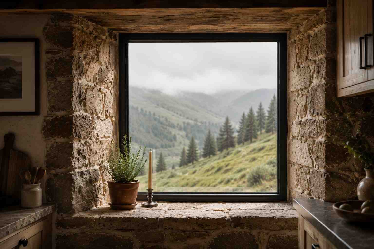 A deep stone kitchen window frames a peaceful view of misty green hills and pine trees. A terracotta pot of rosemary and a single unlit taper candle rest on the wide sill, while soft daylight highlights the warm stone texture and creates a calm, airy atmosphere.