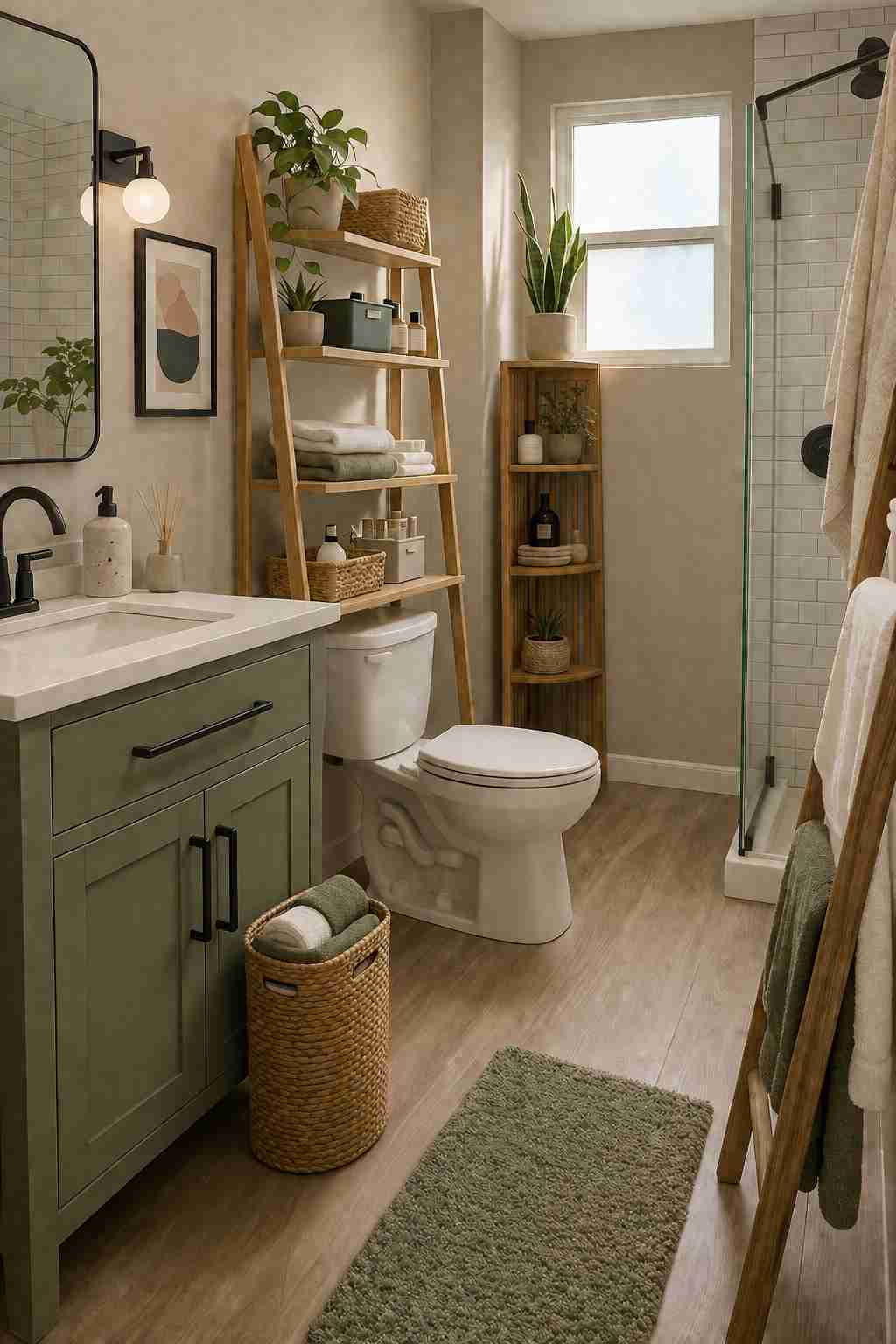 A small bathroom with a sage green vanity, light wood shelving, and woven baskets for storage. Plants, folded towels, and black fixtures add warmth and practicality, while the glass shower enclosure keeps the space feeling bright and open.