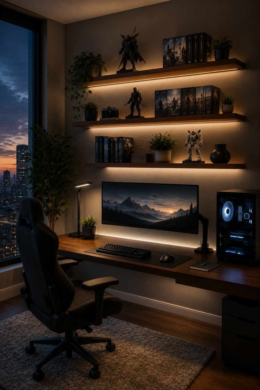 A cozy gaming room with floating shelves displaying collectibles, game cases, and small plants above a clean desk, creating a stylish display without adding clutter.
