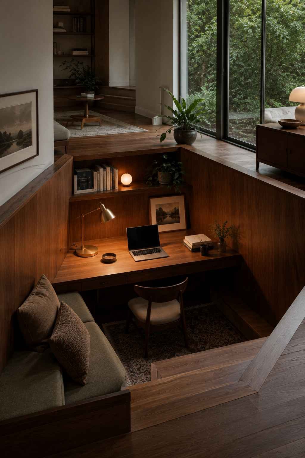 Sunken recessed desk corner one step below the main floor with warm wood paneling, built-in bench seating, and a desk lamp.