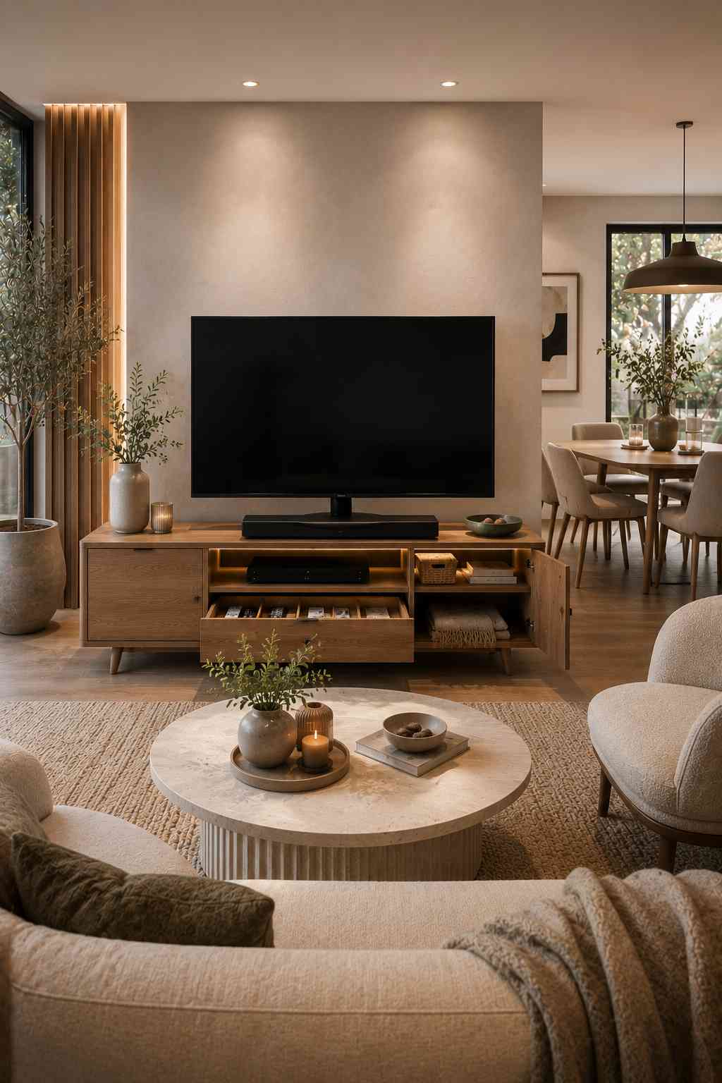 A modern open-plan living and dining room featuring a wooden TV unit with a front-facing swivel TV stand. The media console includes neatly organized drawers, cabinets, and open shelving for media devices, baskets, and blankets, while the flexible swivel base allows the screen to rotate toward different seating areas without sacrificing a clean, minimalist look.