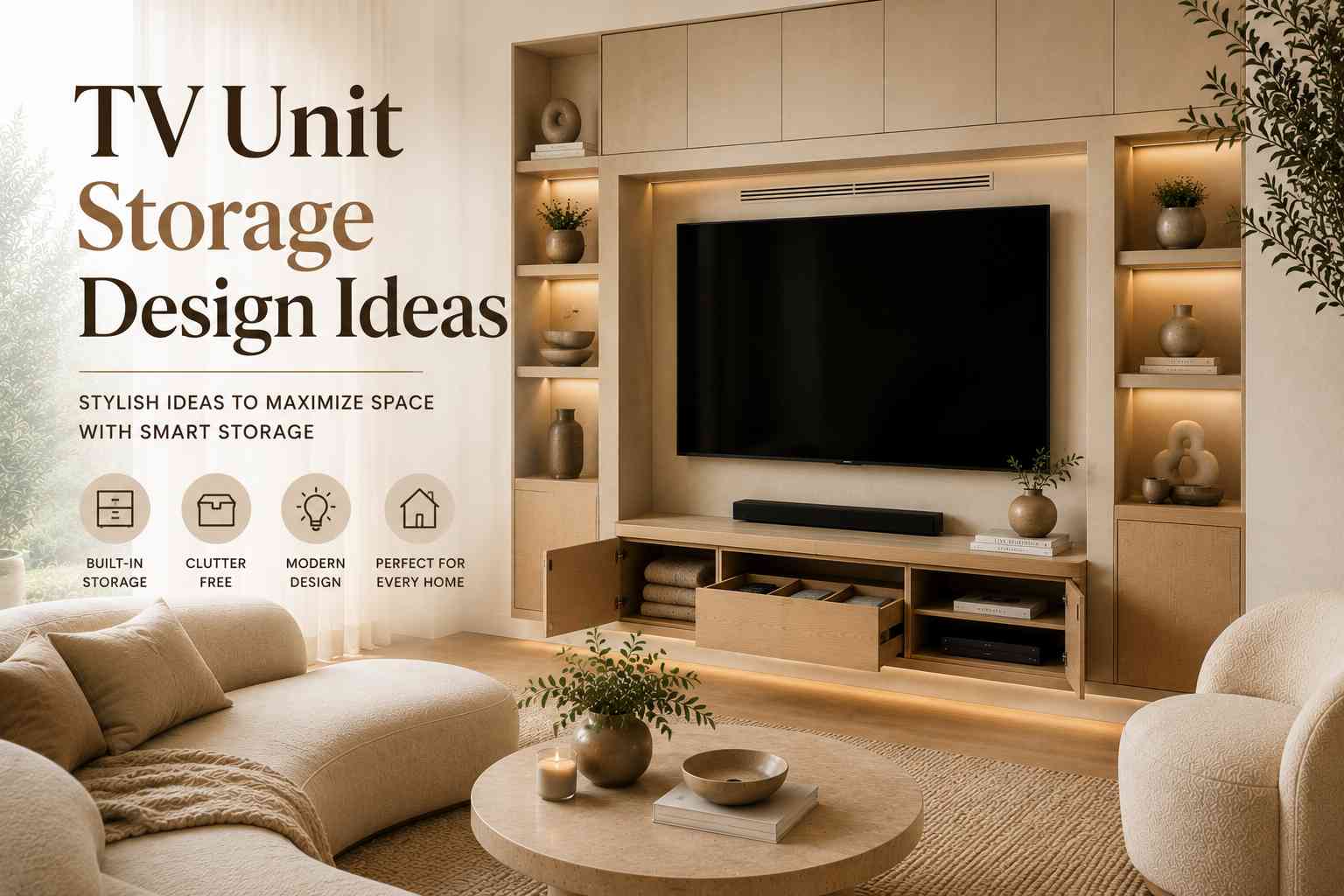 A bright, modern living room with a custom built-in TV unit featuring spacious cabinets, open shelves, and hidden drawers. The warm wood finishes, soft lighting, and thoughtfully organized storage show how a stylish TV unit can keep everyday clutter out of sight while creating a welcoming focal point.