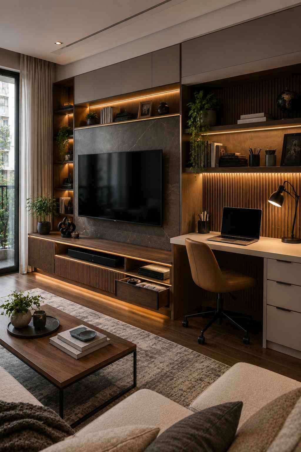 A modern living room featuring a space-saving TV unit with an integrated home office desk. The design combines a media console with hidden storage, open shelving, and a dedicated workspace with a laptop and task lighting, creating a stylish, organized setup for apartments, studios, or work-from-home spaces.