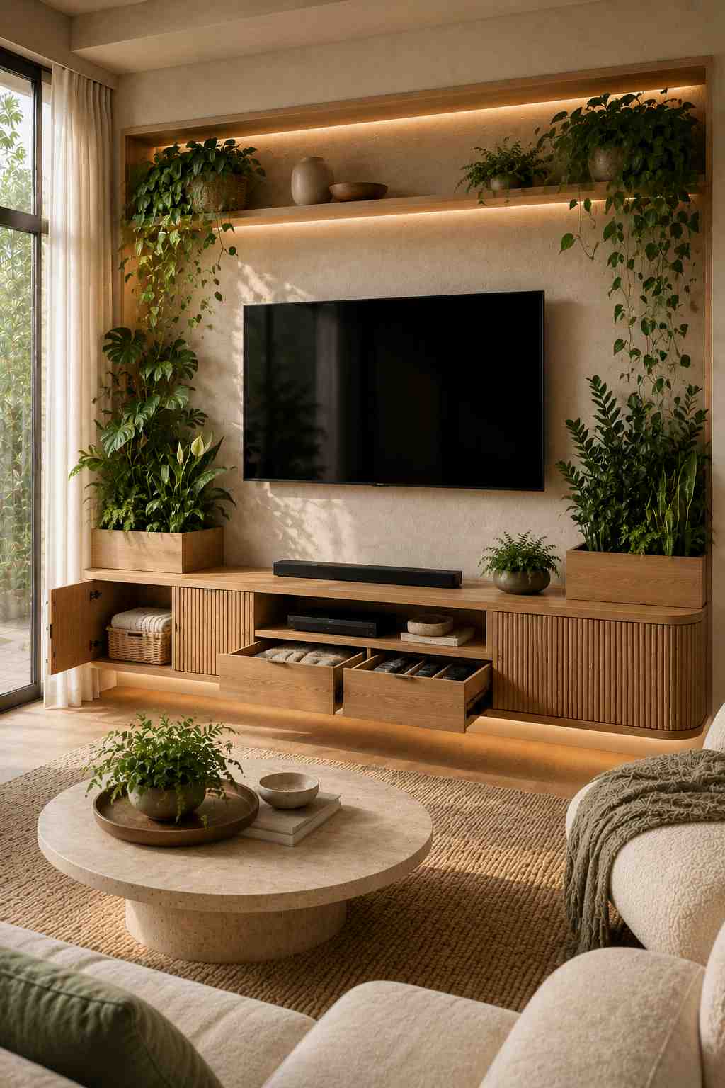 A bright Organic Modern living room featuring a wall-mounted TV framed by built-in planter boxes filled with lush indoor greenery. The floating oak media console combines fluted cabinets, open shelving, and spacious drawers for organized storage, while warm LED lighting and natural sunlight create a calm, inviting entertainment wall.