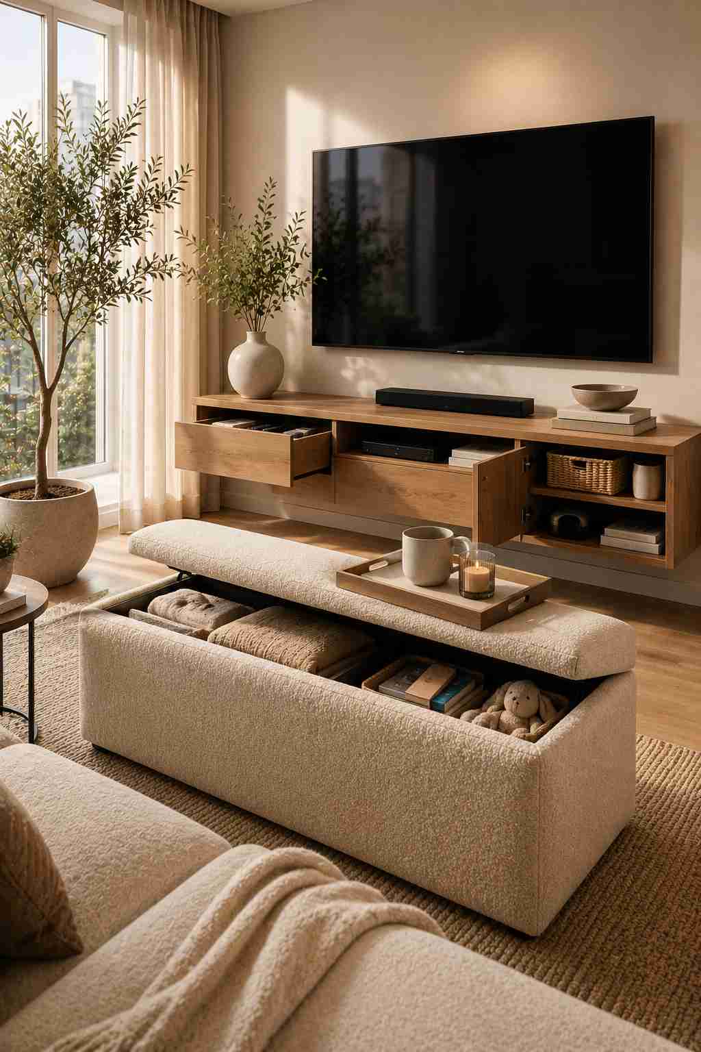 A bright, modern living room featuring a floating wooden TV unit paired with a bouclรฉ storage ottoman. The TV console and lift-top ottoman reveal neatly organized storage for blankets, books, baskets, toys, and media accessories, creating a stylish, space-saving solution for apartments and rental homes.