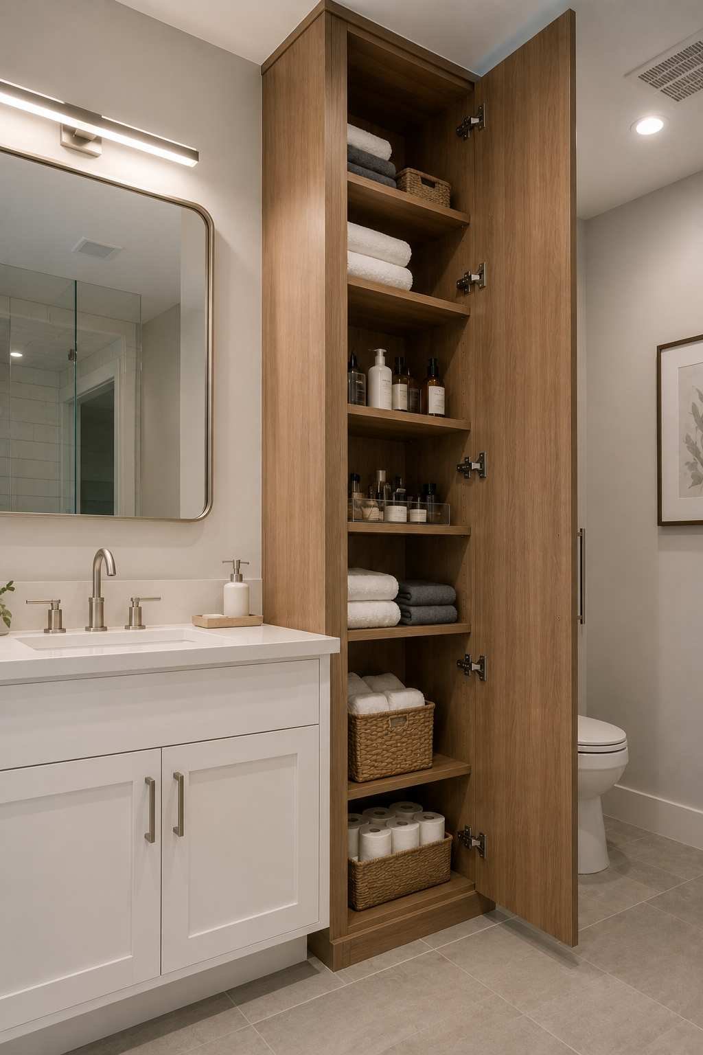 Tall wooden bathroom linen cabinet with adjustable shelves for towels, toiletries, and bathroom organization