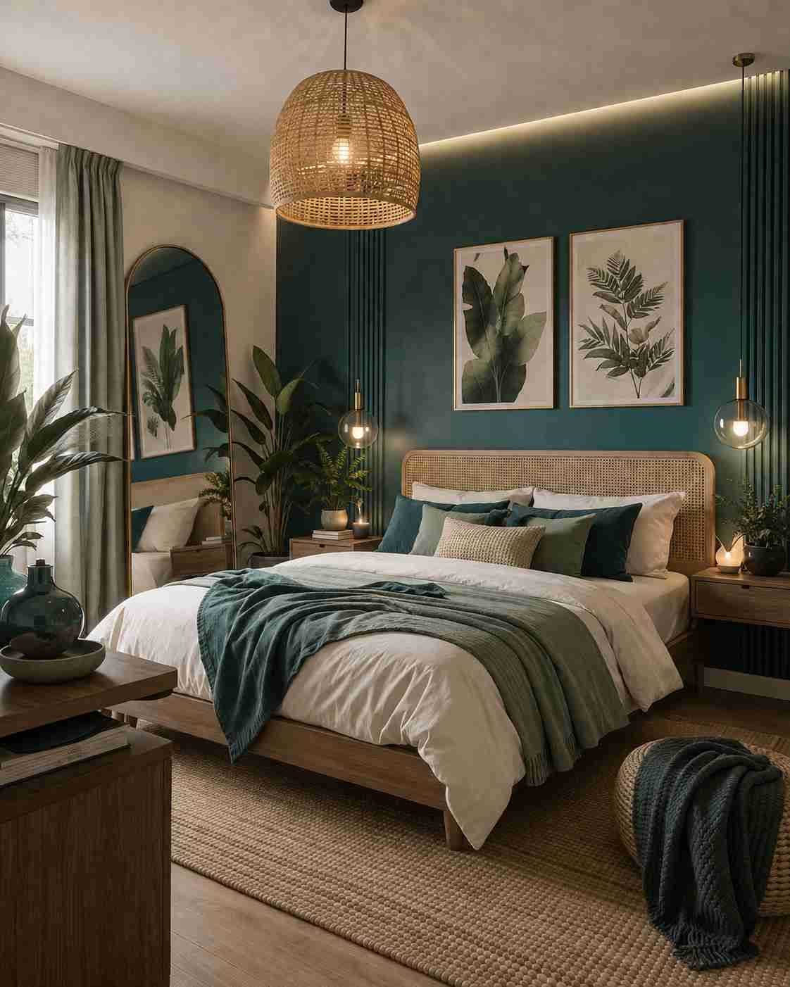 A cozy modern bedroom featuring a teal accent wall, a woven rattan headboard, and layered white and teal bedding. Warm pendant lighting, botanical artwork, indoor plants, and natural wood furniture create a calm, inviting space with a stylish, nature-inspired feel.