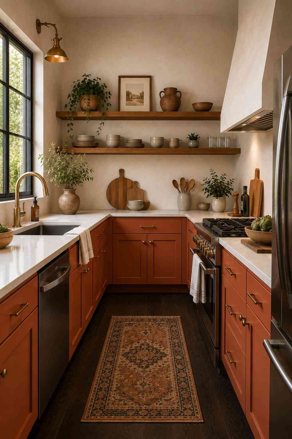 Sunlit Mediterranean-style kitchen featuring terracotta lower cabinets, dark walnut wood flooring, open oak shelving, white plaster walls, white quartz countertops, an unlacquered brass faucet, ceramic dishware, and warm natural light creating a cozy modern rustic kitchen.