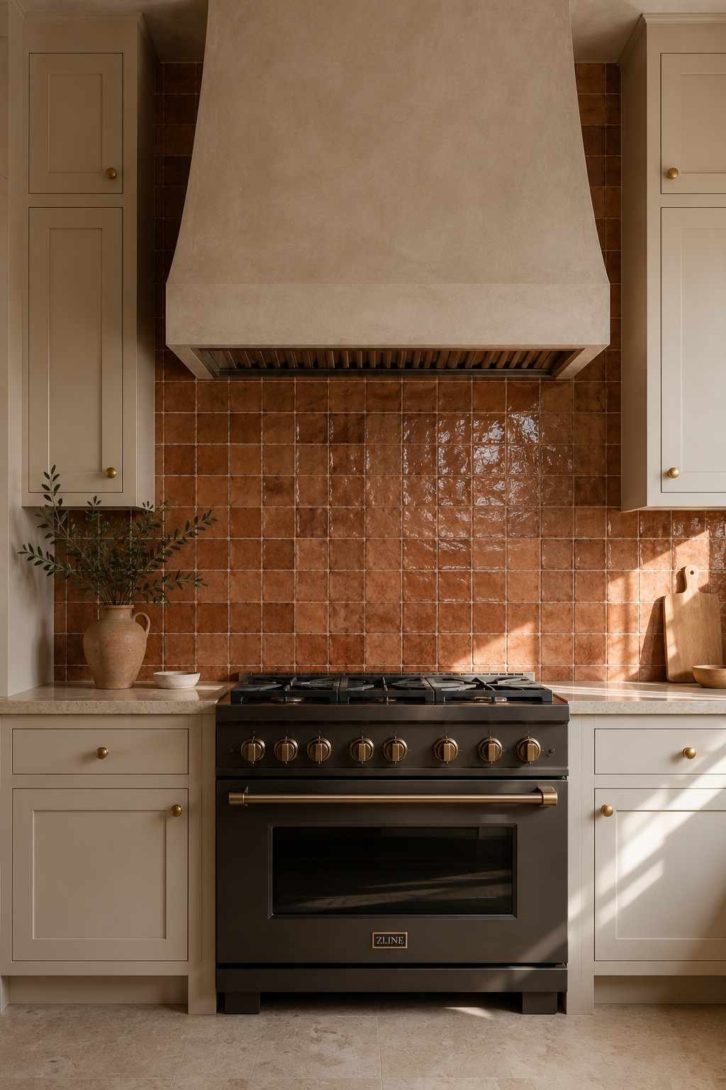 Modern traditional kitchen featuring warm beige shaker cabinets, a handmade terracotta zellige tile backsplash, cream stone countertops, a matte black range, aged brass hardware, and soft natural light highlighting the textured tile.
