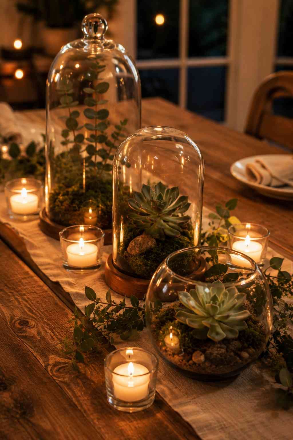 Glass cloche terrariums with succulents and candles on a rustic wooden table.
