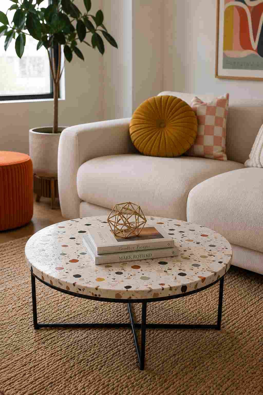 Round terrazzo-top coffee table on thin black metal legs in a contemporary living room
