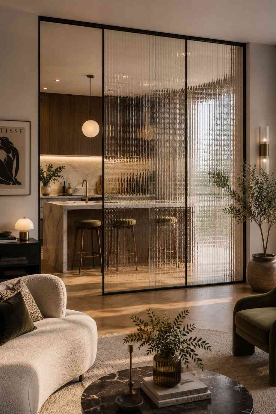 A modern open-plan home featuring a floor-to-ceiling textured bubble glass partition between the kitchen and living room. The softly ribbed decorative glass diffuses natural light while providing partial privacy, creating an elegant Art Deco-inspired focal point with a warm, contemporary aesthetic.