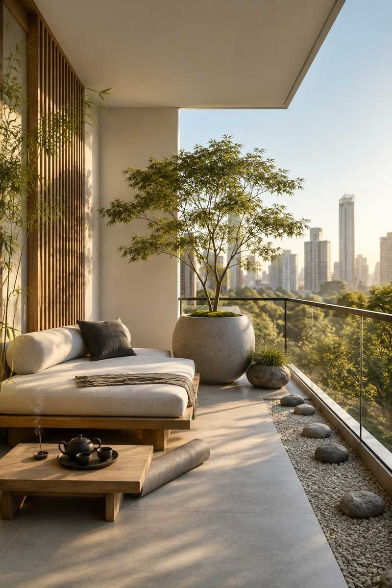 A minimalist Zen-inspired balcony featuring a low wooden daybed with off-white cushions, a sculptural concrete planter with a Japanese maple, a teak tea table, a small Zen gravel garden with smooth stones, and warm golden-hour sunlight overlooking a modern city skyline.
