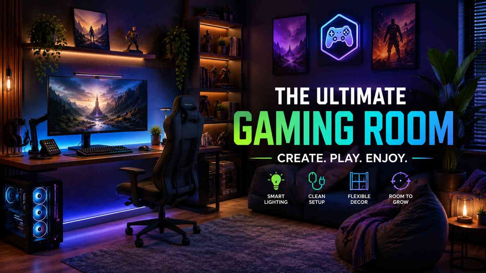 A stylish modern gaming room with ambient lighting, a clean desk setup, cozy seating, and smart décor, showcasing practical ideas for creating the ultimate gaming space for comfort, style, and everyday use.