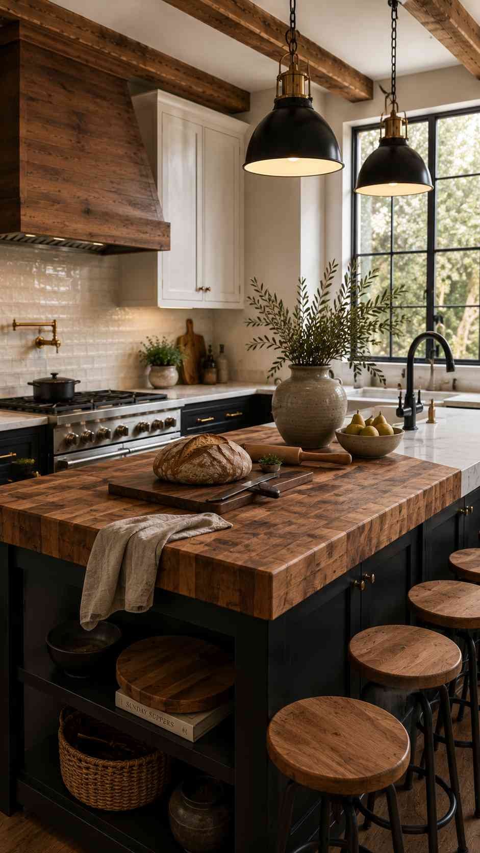 Modern farmhouse kitchen featuring a thick walnut butcher block countertop on the island, paired with white stone perimeter countertops, black shaker cabinets, a custom wood range hood, exposed timber ceiling beams, brass hardware, industrial pendant lights, and warm natural sunlight highlighting the rich wood grain.