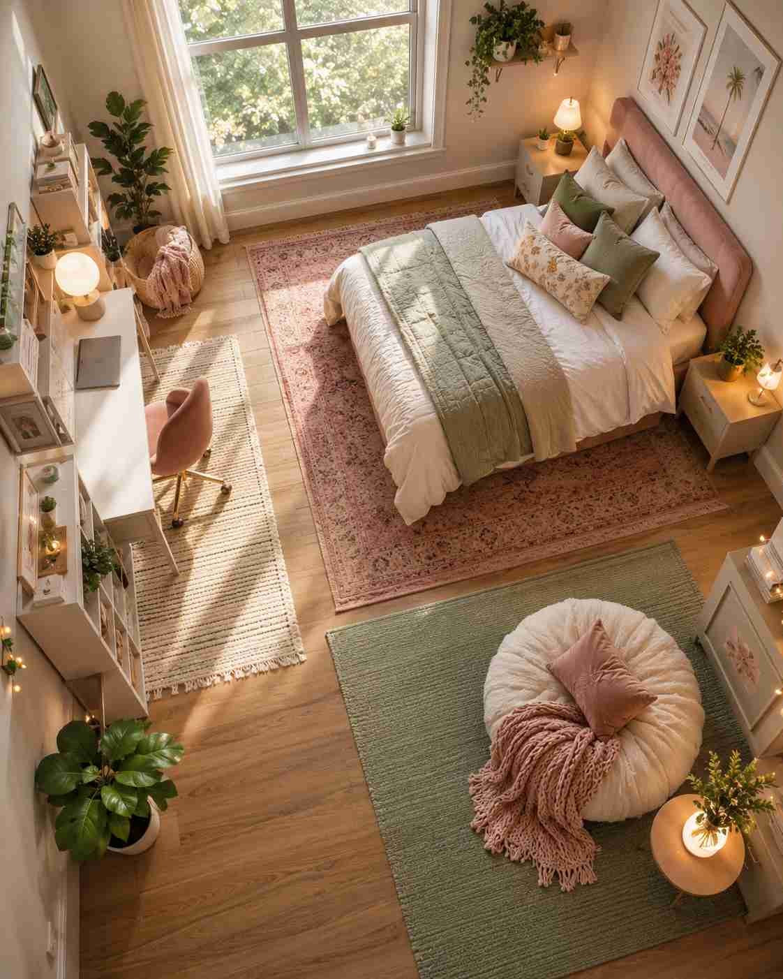 Modern teen bedroom layout divided into sleep, study, and lounge zones with rugs.