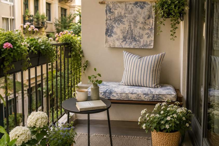 Small apartment tiny balcony with a built-in bench, blue and white striped cushions, floral planters, black side table, and French country outdoor decor for a cozy patio space.