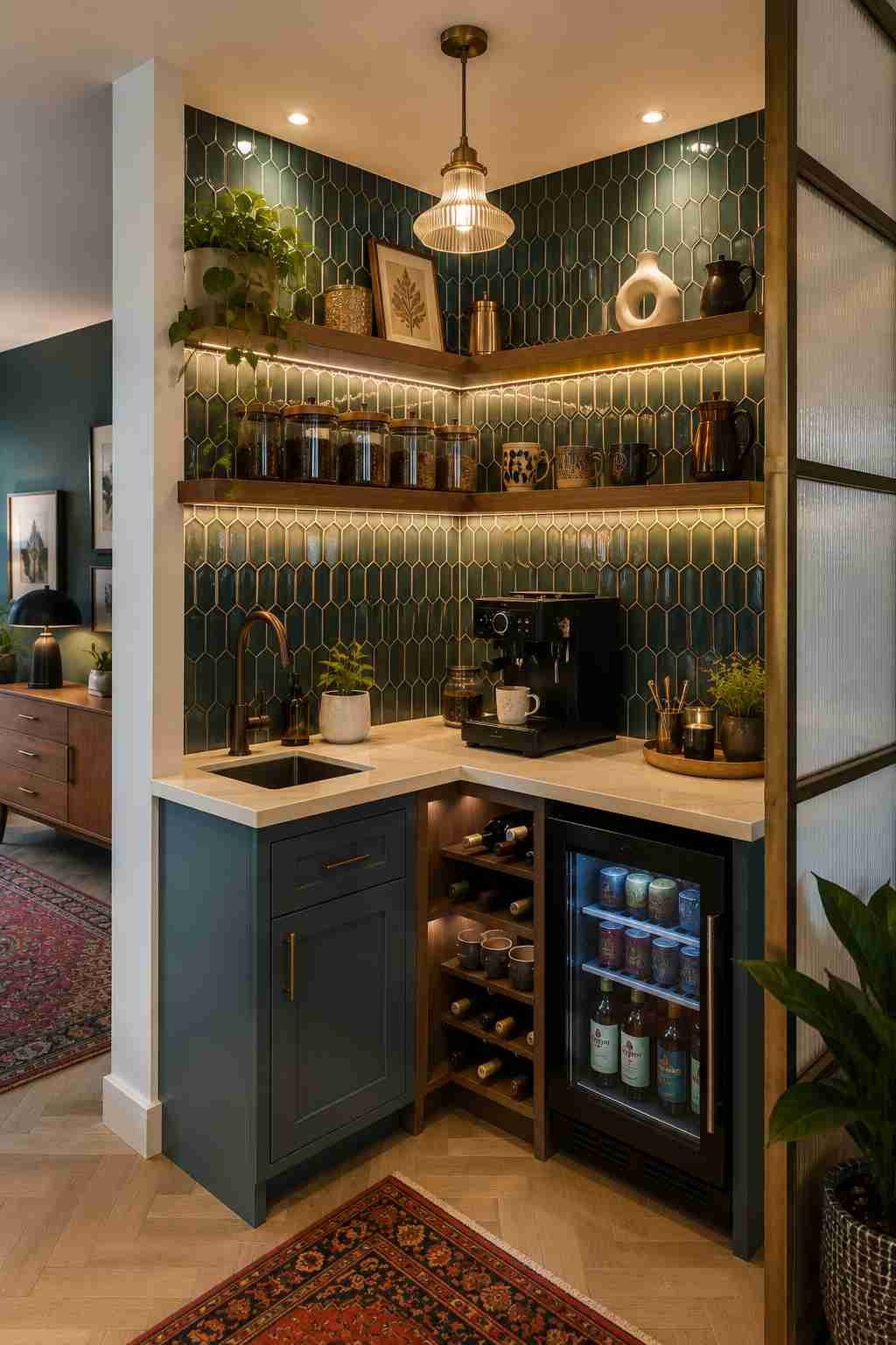 A stylish built-in corner coffee bar with teal tile walls, floating wood shelves, a compact sink, an espresso machine, and a built-in beverage fridge.