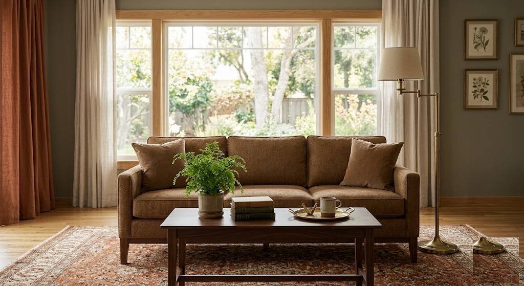 View from Front a toffee jacquard sofa looking over a vintage
rust and cream rug toward the window, on muted olive-gray walls.