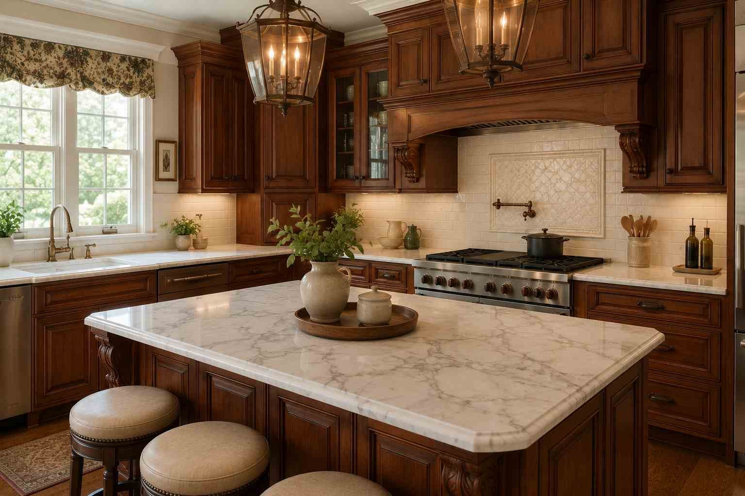 Elegant traditional kitchen featuring raised-panel cherry wood cabinets, marble-look quartz countertops with soft grey veining, brass hardware, a classic subway tile backsplash, and warm natural daylight for a timeless luxury design.