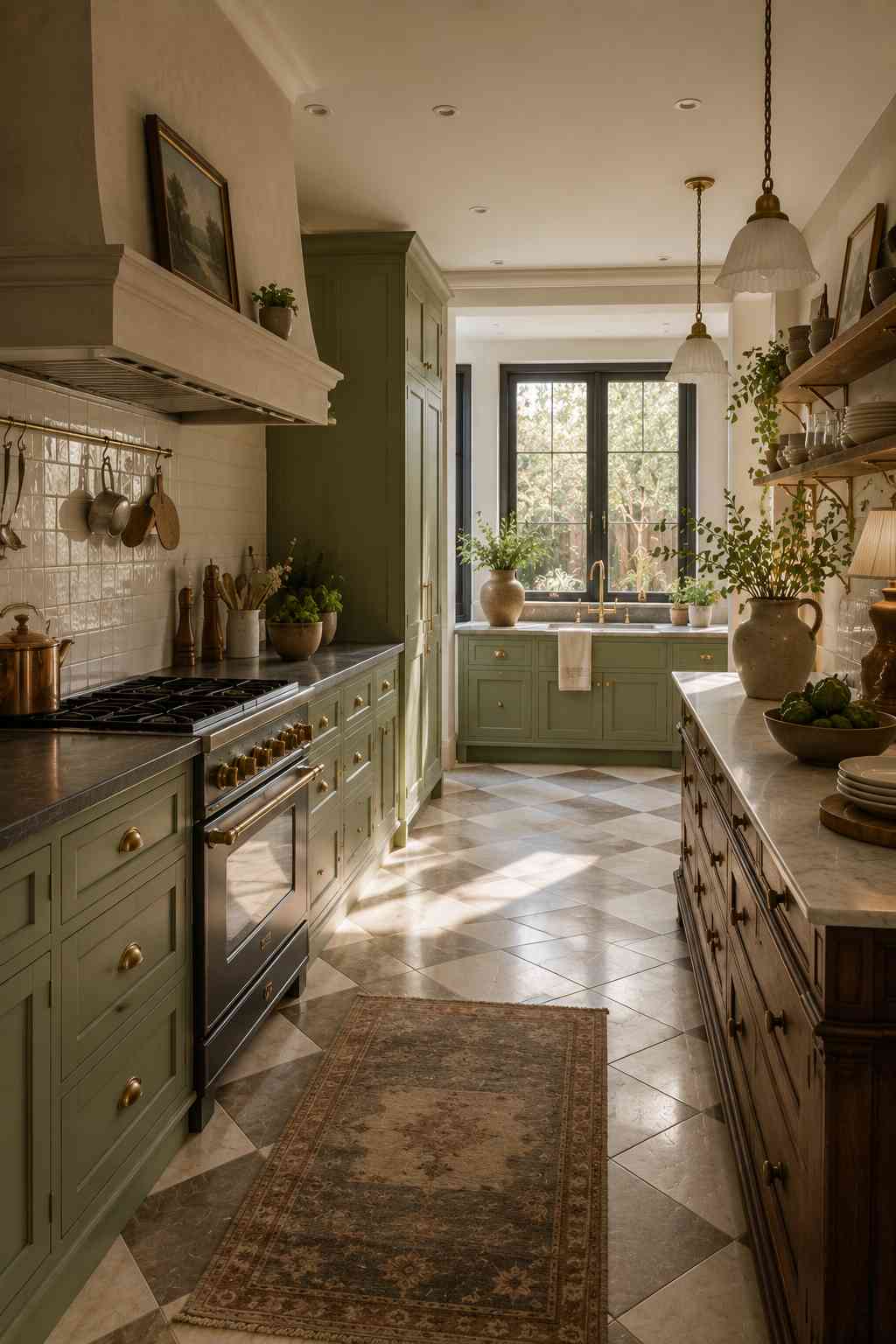 Traditional kitchen featuring sage green cabinets, open wood shelving, a classic range cooker, cream stone countertops, brass hardware, a checkerboard tile floor, and large black-framed windows that fill the space with warm natural light.
