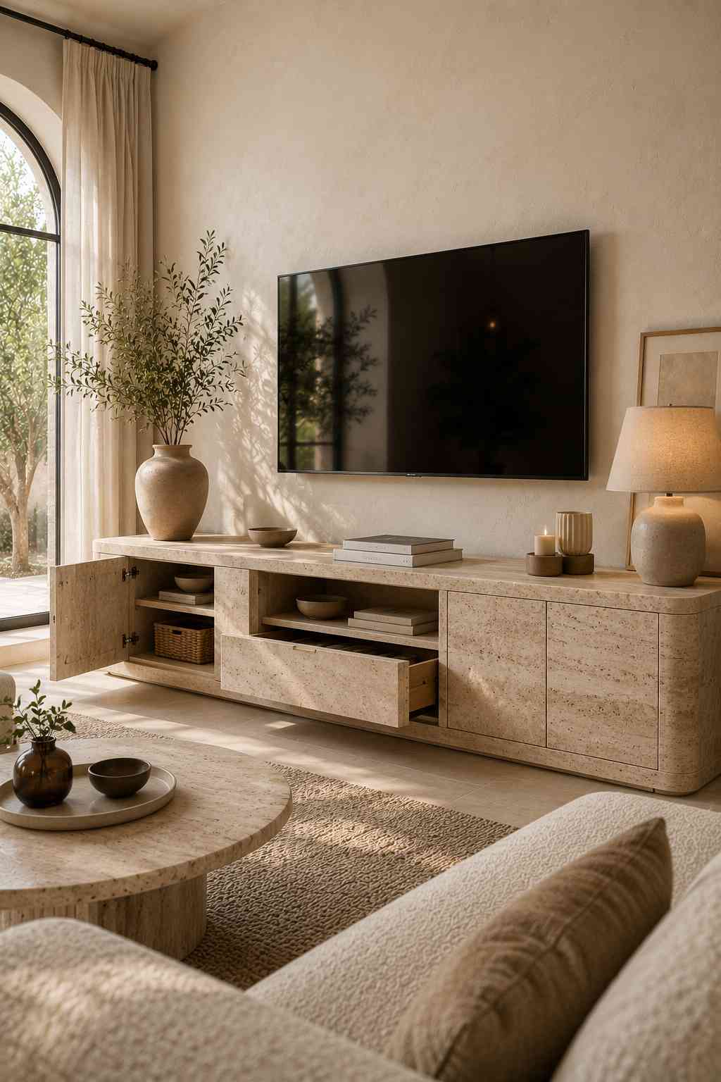 A warm, Mediterranean-inspired living room featuring a travertine TV unit with a matte stone finish. The open cabinet and drawer reveal neatly organized shelves, woven baskets, and storage compartments, while soft natural light highlights the unique stone texture and cozy minimalist dรฉcor.
